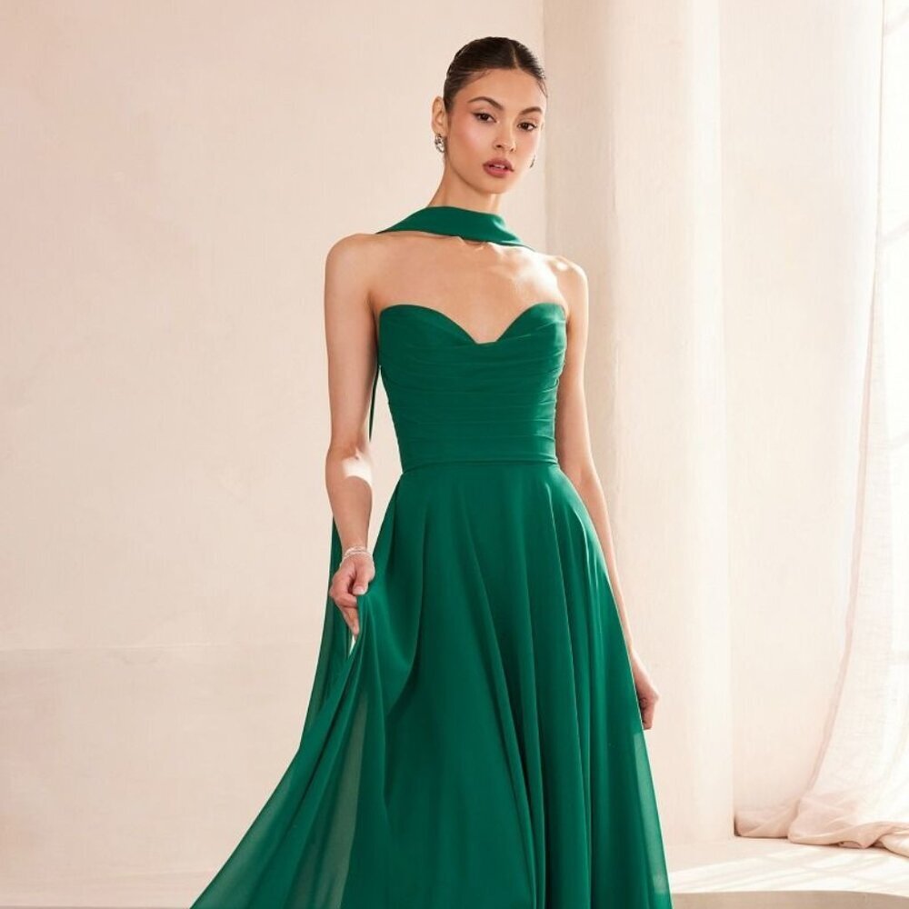 New A-Line Strapless Chiffon Dress w/ Scarf Accessory & Lace Up Back CD T703